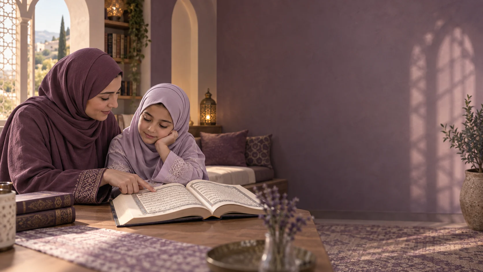 أم وابنتها تتعلمان القرآن معًا في مساحة دافئة